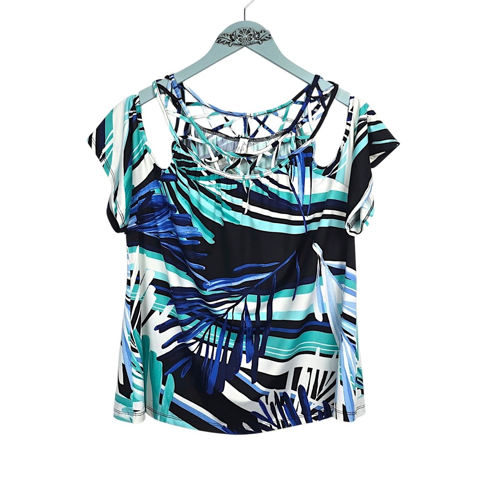 PerSeption Concept Women's XL Tropical Cold Shoulder Strappy Top Blue Teal NWT
